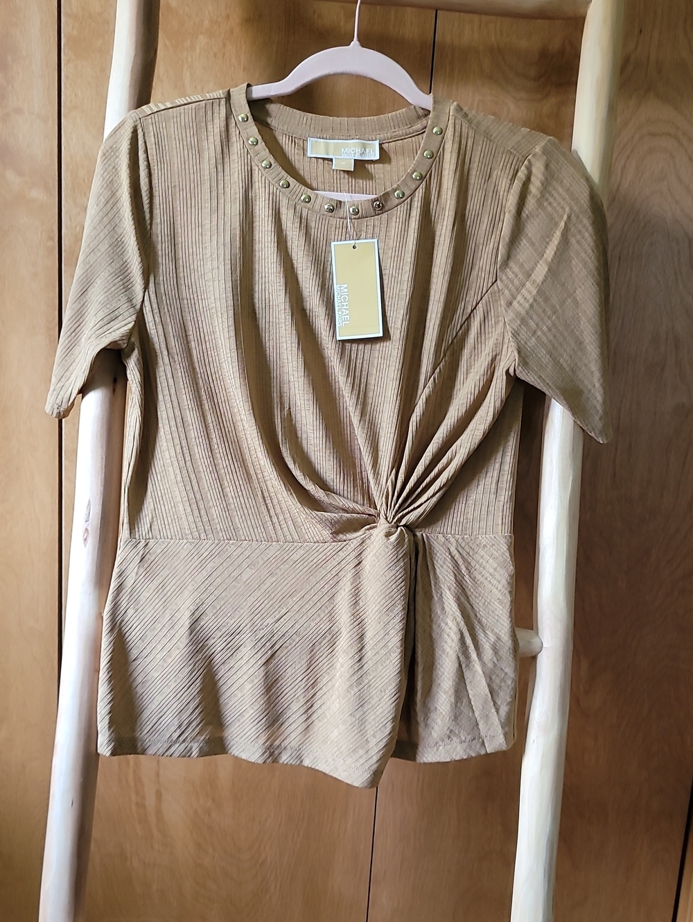 Michael Kors Tan Ribbed Short Sleeve Twist Knot Top with Studded Neck